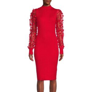Almost Famous Knit Dress Women's L Red Bodycon Sheer Sleeves 3D Flower Applique